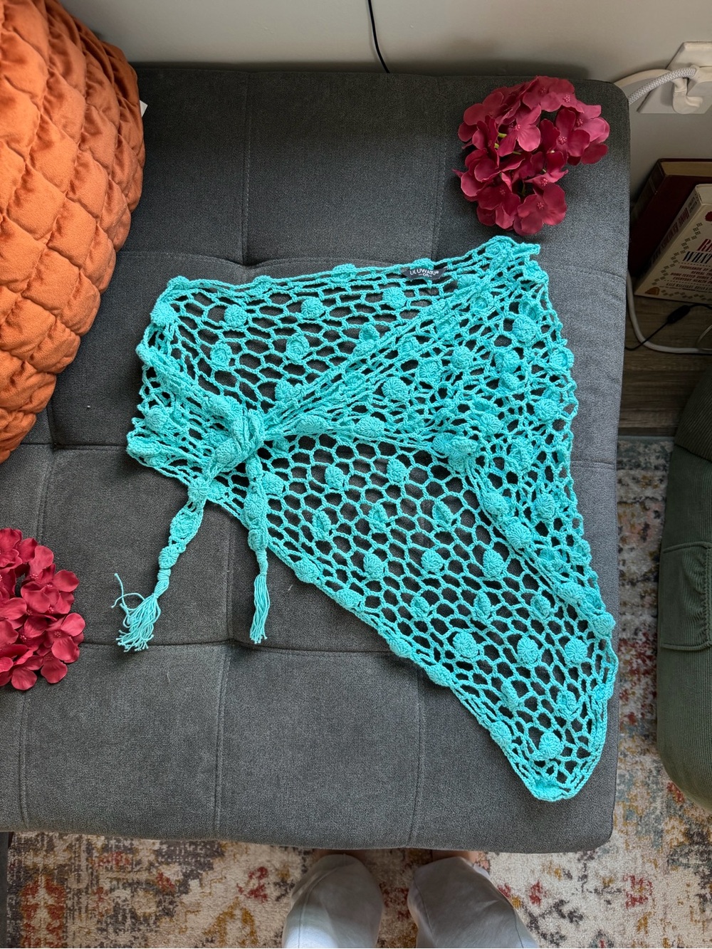 Handmade Turquoise Crochet Shawl Wrap